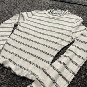 E2 Striped Mock Neck Top Womens White Grey Excellent Ribbed‎ Knit S
